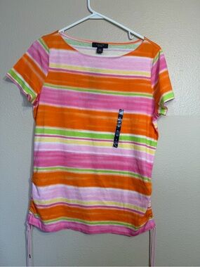 Chaps Striped Short Sleeve 100% cottonTee - Pink, Orange, Lime